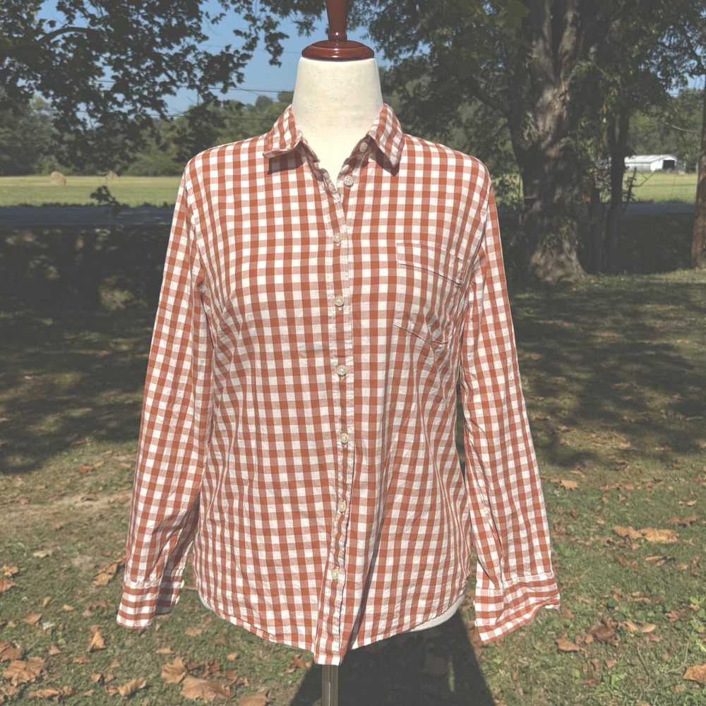 J.Crew Womens Orange Gingham Regenerative L Cotton Blend Button Down Shirt